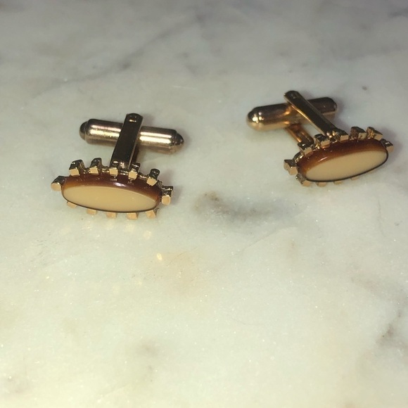 vtg Abstract Agate Thin Oval Shaped Gold Tone Cufflinks Retro Costume .5” - Picture 2 of 6